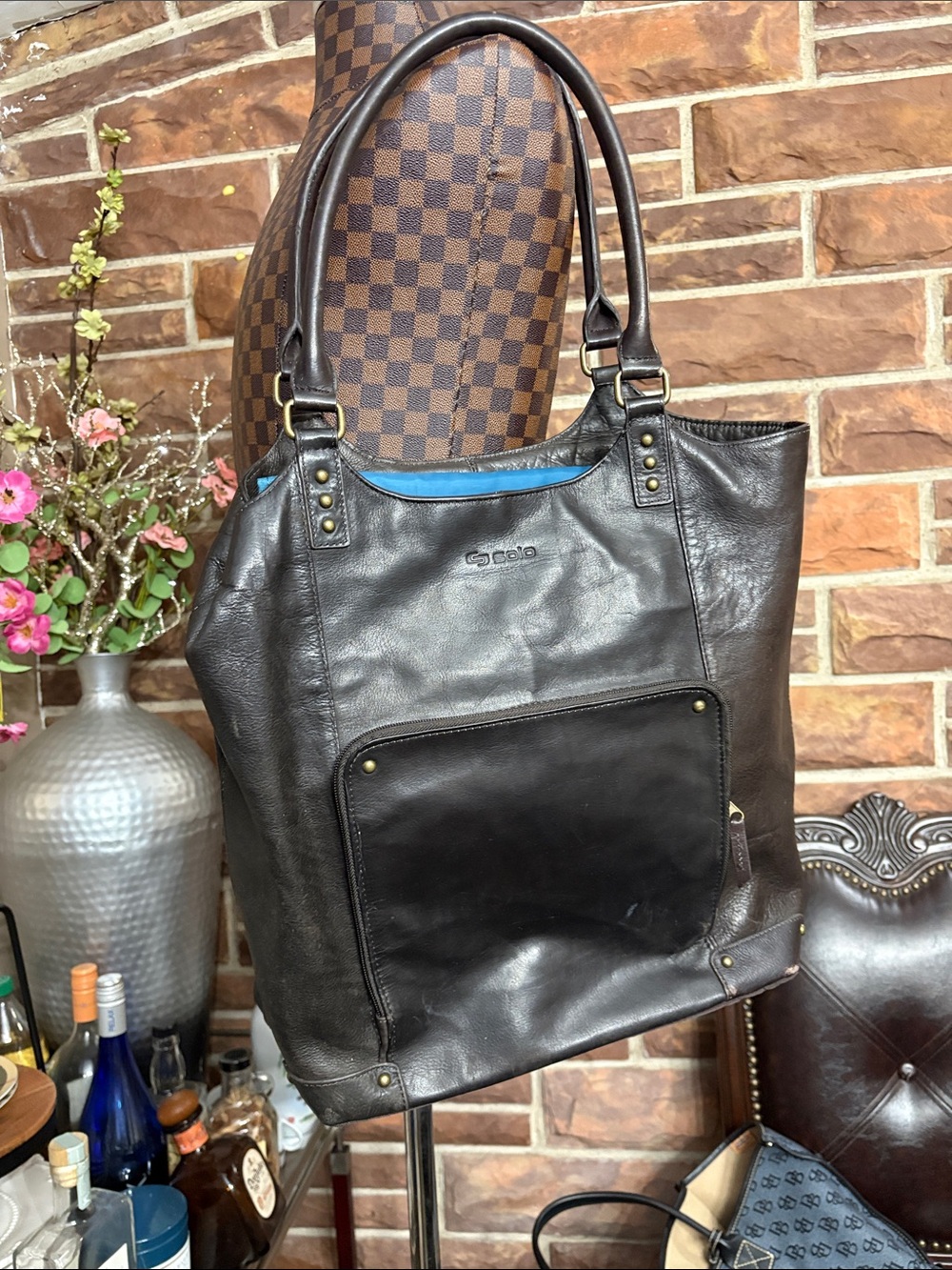 solo Dark Brown Leather Laptop Tote with Black Pocket and Blue Trim